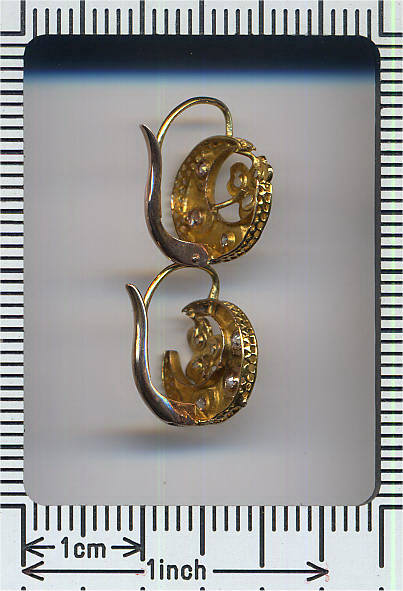 Gold Victorian earrings with old mine cut diamonds and half seed pearls